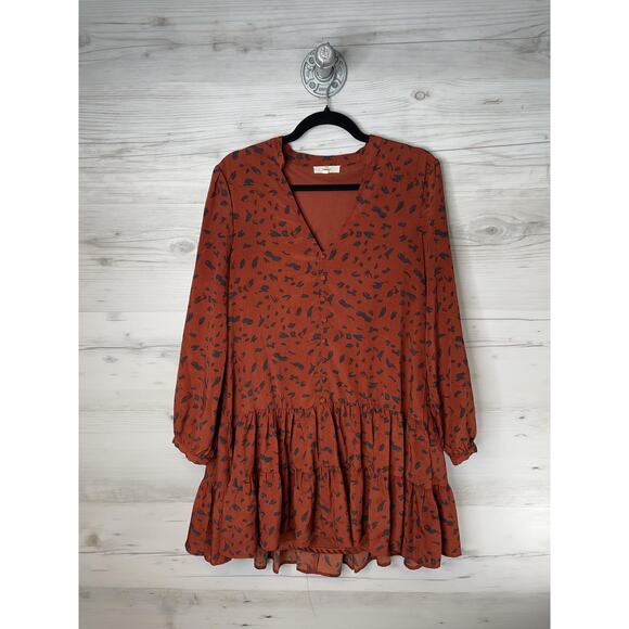Entro Dress Womens Small Rust Tiered Ruffle Hem Long Sleeve V-Neck Lined Mini - Picture 1 of 8